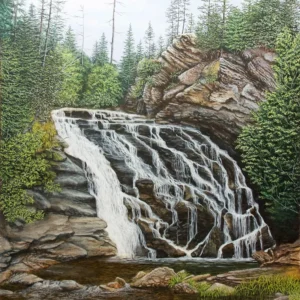 A Walk Rewarded. A painting by C.F. Lawrenson - of a waterfall