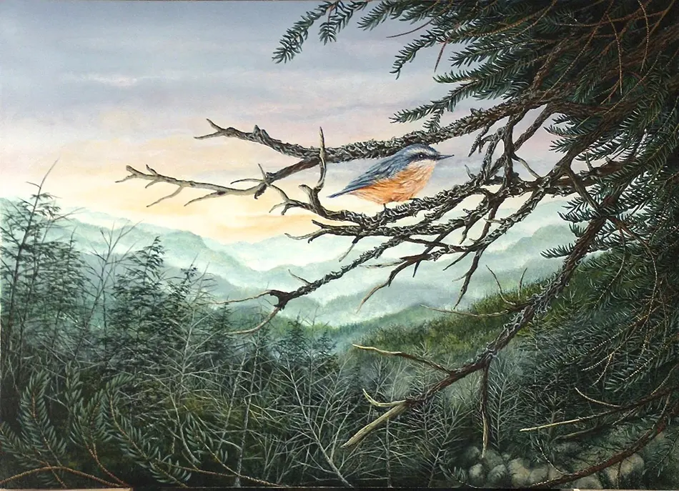 Painting of an Eastern Bluebird entitled: "Grandfather's Gem" by C.F. Lawrenson