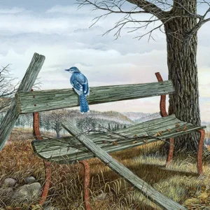 Painting of a bluebird ona bench entitled: All But Forgotten