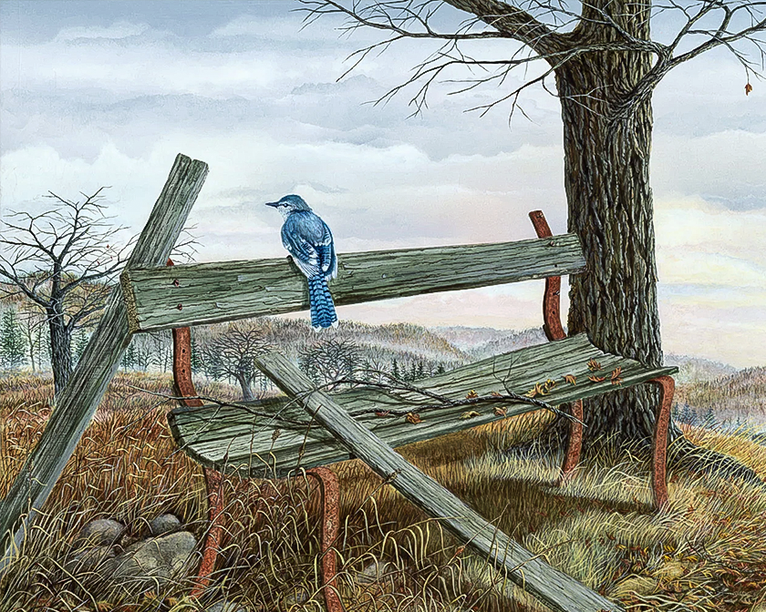 All But Forgotten Painting of a bluebird ona bench entitled: All But Forgotten