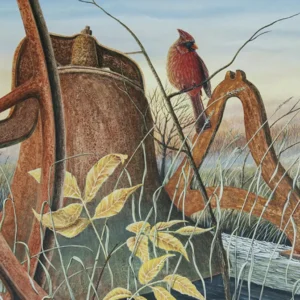 Painting of a male cardinal entitled: Fallen Silent by C.F. Lawrenson