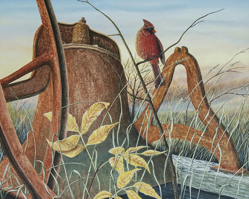 Fallen Silent Painting of a male cardinal entitled: Fallen Silent by C.F. Lawrenson