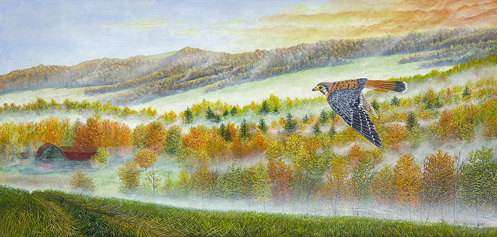 The Hunting Red October Painting of a Kestrel Hunting